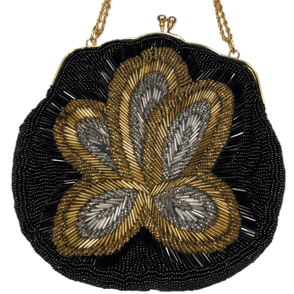 Vintage La Regale black, gold & silver beaded, handbag, gold toned chain.
